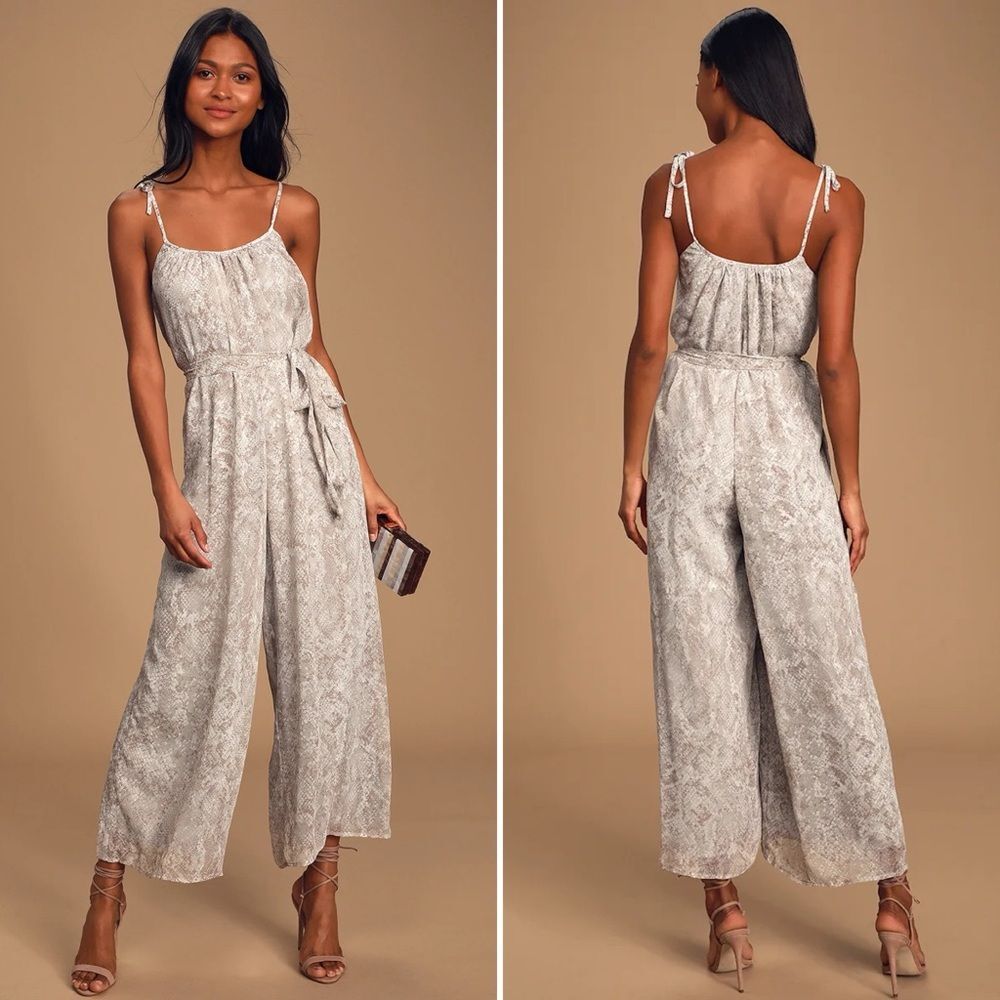 Lulus Dare to Dream Snake Print Tie-Strap Wide-Leg Jumpsuit Gray M